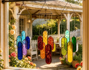 Colorful Stained Glass Suncatcher, Glass Wind Chime Window Hanging, Light Catcher Garden Decor, Housewarming Gift for Mom Grandma