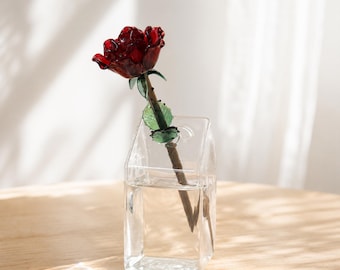 Hand Blown Glass Rose With Vase, Forever Glass Rose Gift, Mini Glass Rose Decor, Romantic Birthday Gift for Her
