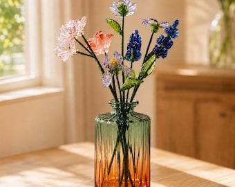 Glass Flower Bouquet with Amber Vase, Handmade Glass Birth Month Flower Decor, Forever Flower Table Decor Gift