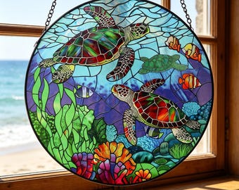 Sea Turtle Stained Glass Suncatcher, Ocean Life Window Hanging, Coastal Home Decor, Gift for Sea Lovers