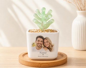 Personalized Glass Potted Plant, Custom Photo Plant Pot, Mini Glass Succulent Figurine, Plant Lover Birthday Gift, Desk Decor Keepsake