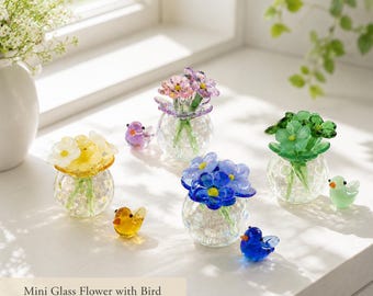 Mini Glass Flower with Bird, Tiny Glass Flower Decor, Bird Lover Gift, Small Window Shelf or Desk Decor