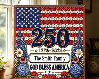 USA 250th Anniversary Glass Suncatcher Custom Name, Patriotic Window Hanging Home Decor, Flag & Larkspur Ornament for Independence Day