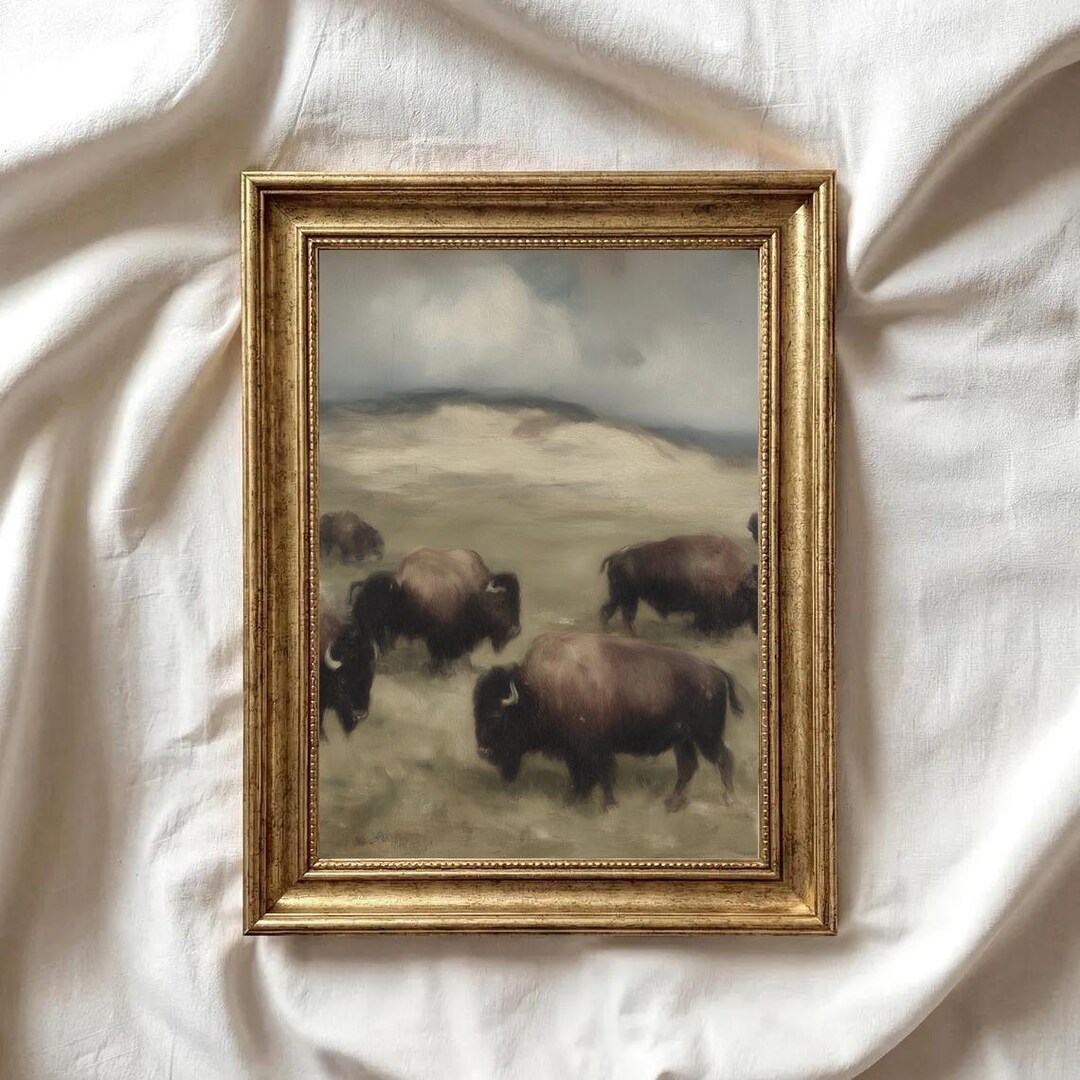 Vintage Bison Grazing Painting, Rustic Prairie Landscape Wall Art ...