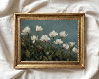 Vintage White Tulip Row Print, obraz kwiatowy z XIX wieku (pobranie cyfrowe)