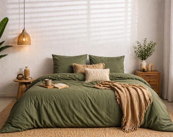 Juego de funda nórdica de algodón suave color verde salvia – Estilo minimalista para dormitorio.