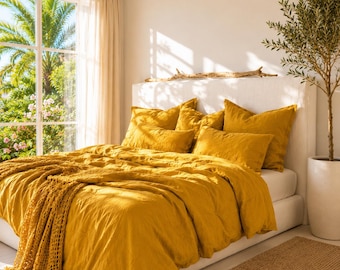 Yellow Ochre Linen Bedding Set, Duvet Cover Pillowcases, Cal King Queen Full Twin