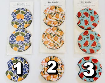 Fruit Car Coasters Set of 2 | Lemon, Watermelon Summer Cup Holder Liners