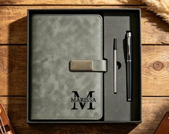Custom Engraved Leather Notebook & Pen Gift Set, Personalized Monogram Journal