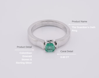 Anillo "El Juramento del Guardián" con esmeralda colombiana de 0,40 ct en plata de ley.