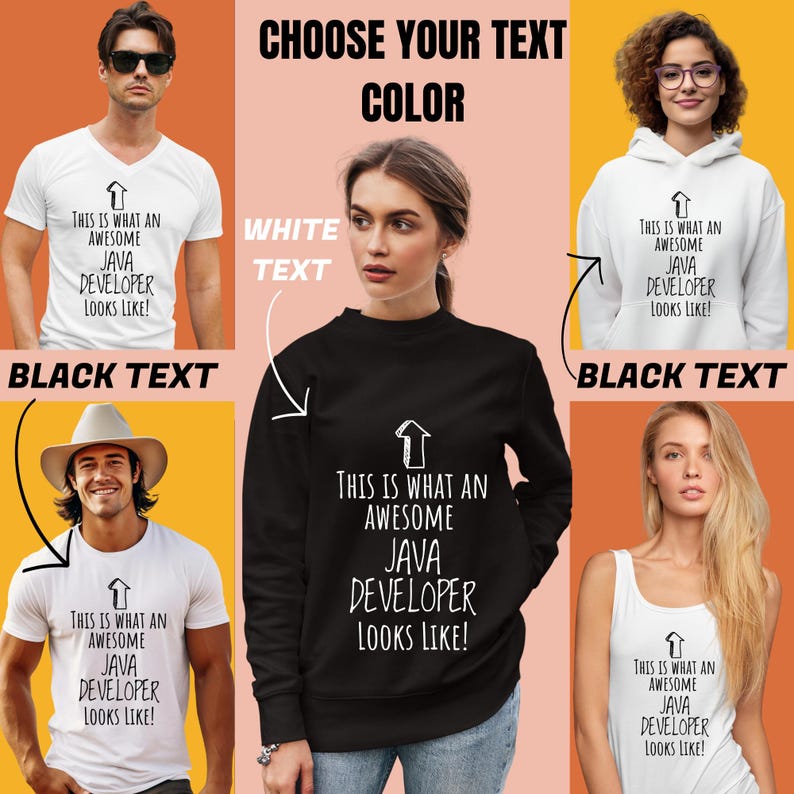 May include: A collection of apparel including white and black t-shirts, a white hoodie, and a black sweatshirt, all featuring an upward-pointing arrow graphic and the text: This is what an awesome Java developer looks like!