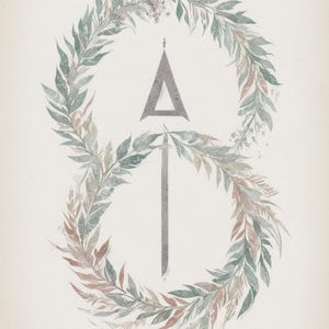 May include: An artistic print featuring a stylized design with a central arrow and a floral wreath. The artwork incorporates muted tones of green, brown, and gray, with text at the top and bottom. The overall aesthetic is vintage and botanical.