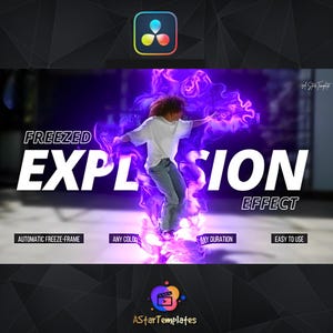 Peut inclure: Image promotionnelle pour AStarTemplates. Une personne en chemise blanche et jean est entourée d'un effet d'explosion violet. Le texte comprend "FREEZED EXPLOSION EFFECT" et des fonctionnalités telles que "AUTOMATIC FREEZE-FRAME".