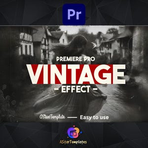 Könnte beinhalten: Schwarz-Weiß-Bild mit dem Text "Premiere Pro Vintage Effect". Das Bild hat eine Vintage-Ästhetik, mit einer Frau, die in einem verschwommenen Hintergrund geht. Das Adobe Premiere Pro-Logo befindet sich in der oberen linken Ecke. Der Text "Easy to use" ist ebenfalls enthalten.