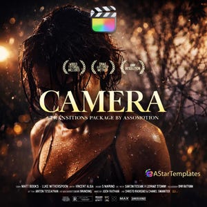 May include: A promotional image for a video transitions package. The word "CAMERA" is prominently displayed in gold, with the text "TRANSITIONS PACKAGE BY ASSOMOTION" below. The image includes icons and text indicating video tutorial, drag and drop method, and any resolution.