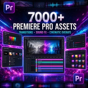 Puede incluir: Gráfico digital con el texto "7000+ Premiere Pro Assets" en blanco, sobre un vibrante fondo púrpura y azul. La imagen muestra varias ventanas de interfaz de software con herramientas de edición y un vídeo de paisaje urbano.