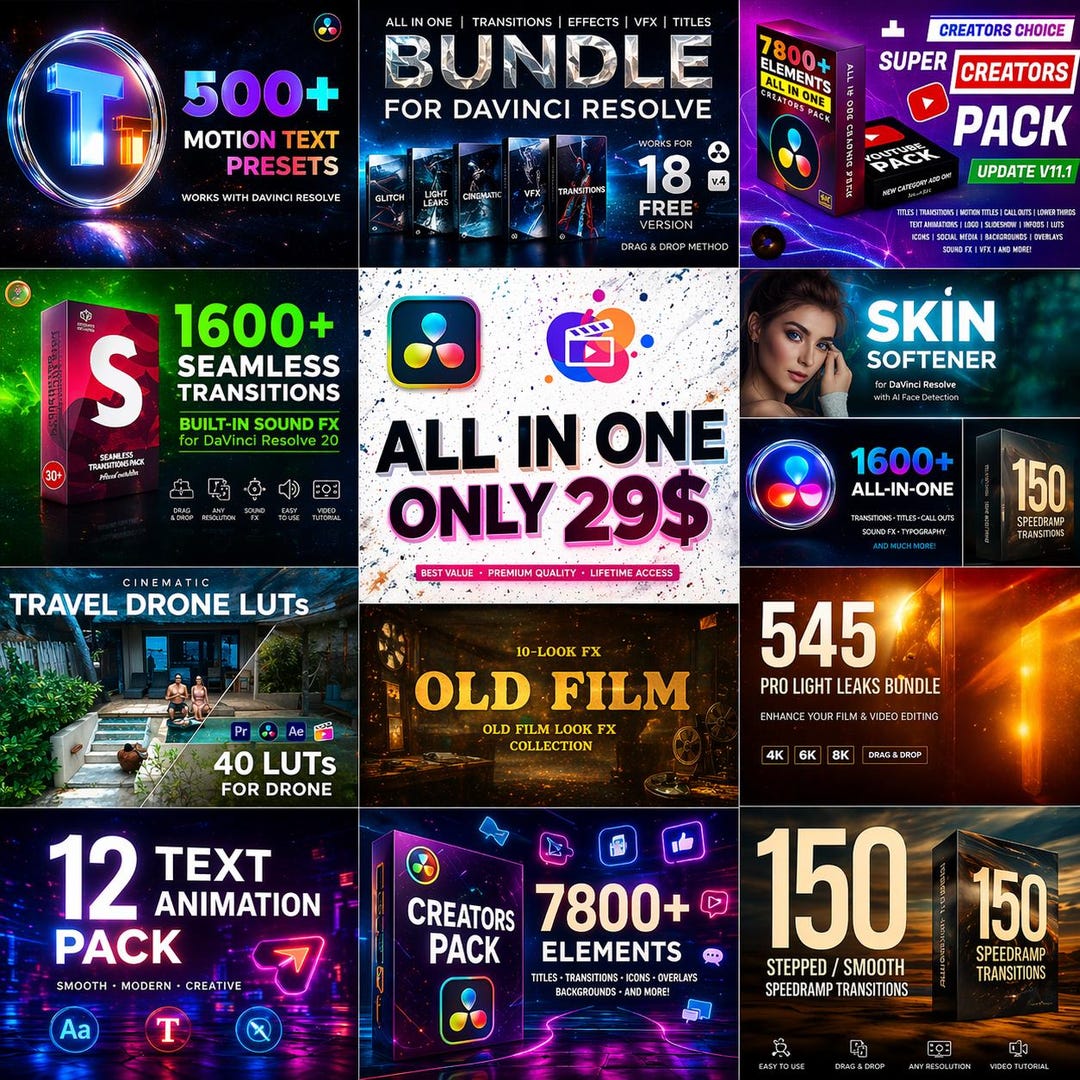 11000+ Davinci Resolve Transitions Luts FX Presets Bundle | Color ...