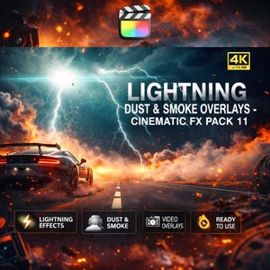 May include: Digital art promoting "LIGHTNING DUST & SMOKE OVERLAYS - CINEMATIC FX PACK 11". The image features a sports car on a road with lightning and smoke effects. Includes icons for lightning effects, dust & smoke, video overlays, and ready to use.