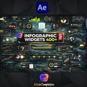 Puede incluir: Una colección de widgets infográficos con un tema oscuro, que presenta gráficos, gráficas y visualizaciones de datos. La imagen incluye el texto "INFOGRAPHIC WIDGETS 400+" con una etiqueta "30% OFF" y el logo "Ae".