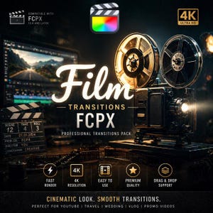 May include: A promotional image for "Film Transitions FCPX," a professional transitions pack. The image features a vintage film projector, film reels, and a clapperboard. Text includes "4K Ultra HD," "Fast Render," and "Drag & Drop Support."