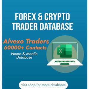 May include: A teal graphic with white text that reads "FOREX & CRYPTO TRADER DATABASE." Below, it says "Alvexo Traders 60000+ Contacts Name & Mobile Database." A laptop displays an Excel icon. The bottom says "visit shop for more databases."