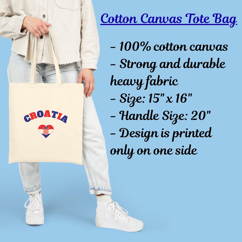 A cotton canvas tote bag featuring a modern design with a heart-shaped Croatian flag detail. The look combines an aesthetic with a clean and minimal style. Suitable for both match days and everyday wear, this tote bag offers a comfortable and versatile option for fans supporting Croatia, with a subtle yet distinctive expression of national pride.
