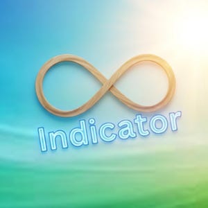 Puede incluir: Un símbolo de infinito de madera colocado sobre la palabra Indicator escrita en una fuente sans-serif azul claro brillante. El fondo presenta un degradado suave que pasa de un cielo azul brillante en la parte superior a un tono verde claro.