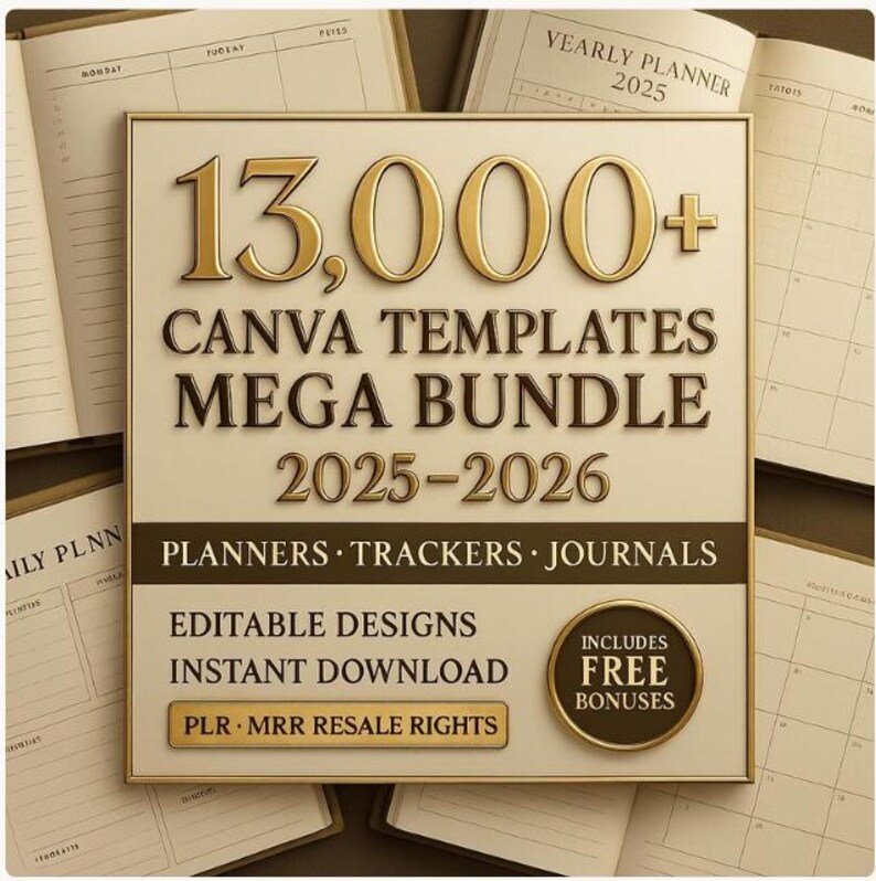 May include: A beige and gold Canva templates mega bundle for 2025-2026, with over 13,000 templates. The bundle includes planners, trackers, and journals. It features editable designs, instant download, and resale rights, with free bonuses.
