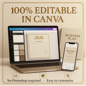 May include: A laptop displaying a 2026 calendar template, a smartphone with a "Business Plan" template, and a "Business Plan" book. The image includes the text "100% EDITABLE IN CANVA" and "No Photoshop required - Easy to customize."