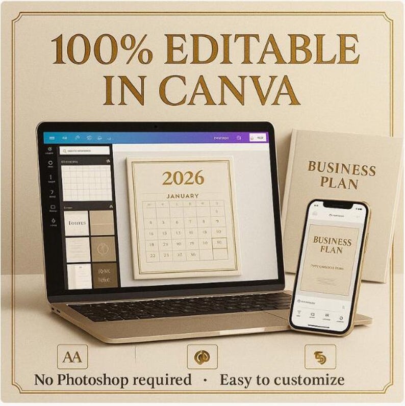 May include: A laptop displaying a 2026 calendar template, a smartphone with a "Business Plan" template, and a "Business Plan" book. The image includes the text "100% EDITABLE IN CANVA" and "No Photoshop required - Easy to customize."