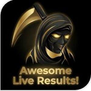 May include: A graphic illustration featuring a hooded figure in black and gold tones, holding a scythe behind its head. The figure has glowing yellow eyes. Below the figure, the text Awesome Live Results! is displayed in a bold gold font.