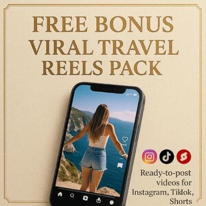 May include: A smartphone displays a travel video with a woman overlooking a scenic coastal view. The screen is angled, with the text "FREE BONUS VIRAL TRAVEL REELS PACK" above. Below, it reads "Ready-to-post videos for Instagram, TikTok, Shorts."