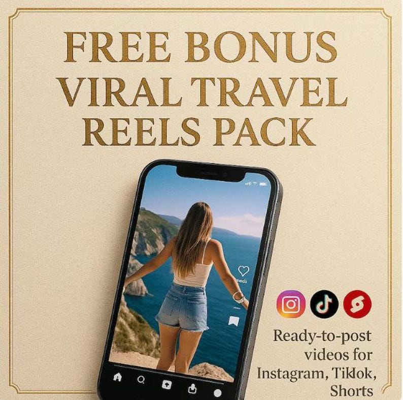 May include: A smartphone displays a travel video with a woman overlooking a scenic coastal view. The screen is angled, with the text "FREE BONUS VIRAL TRAVEL REELS PACK" above. Below, it reads "Ready-to-post videos for Instagram, TikTok, Shorts."