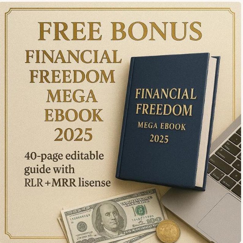 May include: A navy blue book titled "FINANCIAL FREEDOM MEGA EBOOK 2025" is displayed next to a laptop and a stack of $100 bills. The image also includes text that reads "FREE BONUS" and "40-page editable guide with RLR + MRR license."