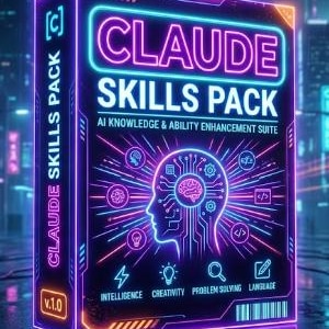 Może przedstawiać: Prostokątne pudełko z napisem CLAUDE SKILLS PACK AI KNOWLEDGE & ABILITY ENHANCEMENT SUITE v.1.0. Czarne pudełko ma neonowe fioletowe i niebieskie kontury, świecącą sylwetkę ludzkiej głowy ze wzorami obwodów oraz ikony inteligencji, kreatywności, rozwiązywania problemów i języka.