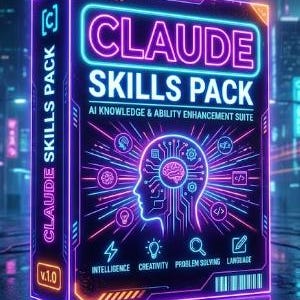 Könnte beinhalten: Eine rechteckige Schachtel mit der Aufschrift CLAUDE SKILLS PACK AI KNOWLEDGE & ABILITY ENHANCEMENT SUITE v.1.0. Die schwarze Schachtel hat neonfarbene violette und blaue Umrisse, eine leuchtende menschliche Kopfsilhouette mit Schaltkreismustern sowie Symbole für Intelligenz, Kreativität, Problemlösung und Sprache.