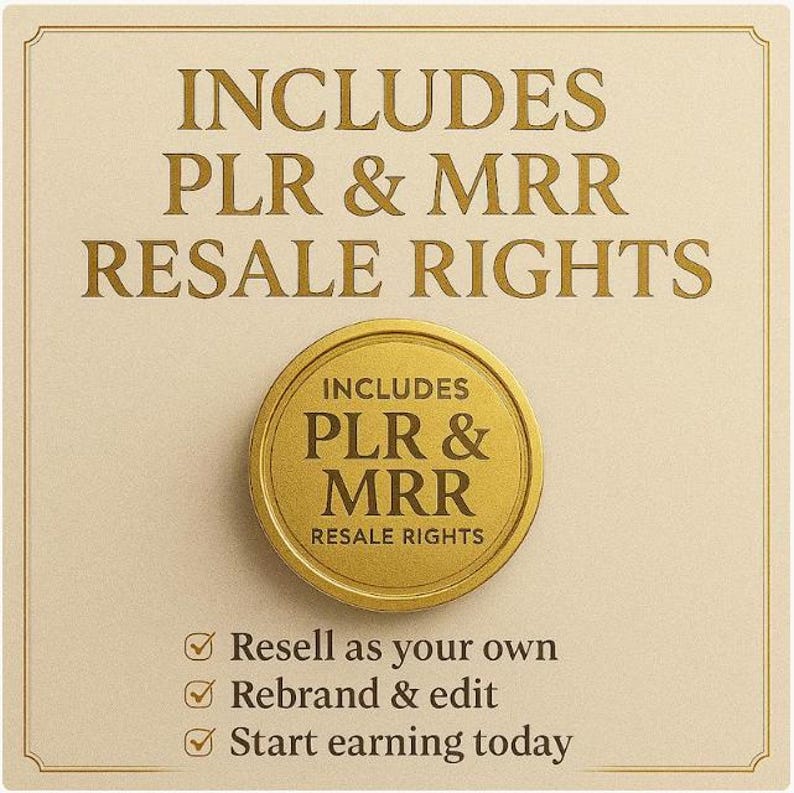 May include: Cream-colored graphic with gold text and a gold coin-like emblem. The text reads "INCLUDES PLR & MRR RESALE RIGHTS" and "Resell as your own, Rebrand & edit, Start earning today."