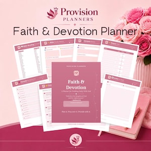 Può includere: Un pianificatore Faith & Devotion di Provision Planners con diverse pagine stampate con sezioni per la lettura della Bibbia, appunti dei sermoni ed elenchi di preghiere. La copertina mostra il testo Faith & Devotion, A Planner for Walking Daily With God.