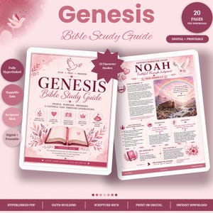 May include: A digital Genesis Bible study guide with a pink colour scheme, featuring a cover page with an open book illustration and a second page detailing a Noah character study with a rainbow and ark graphic, including text and 12 character studies.