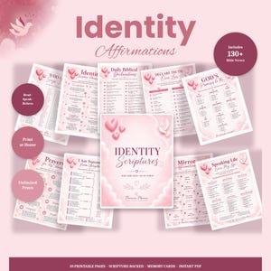 May include: A collection of ten printable pages featuring pink and white designs with hearts and doves. The pages include titles like Identity Scriptures, Daily Biblical Declarations, and God's Promises to Me, containing text and lists of Bible verses.