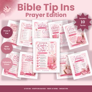 Könnte beinhalten: Eine Sammlung von zehn rosa gestalteten Bibel-Einlegern für das Gebet, mit verschiedenen Andachtsimpulsen, Bibelstellen und Illustrationen von Tauben, Blumen und Büchern. Die Seiten enthalten Texte wie Father, Order My Steps, Listen for Direction from God und Glory in the Waiting, die zum Ausdrucken und Ausschneiden gedacht sind.