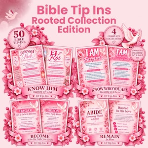 May include: A collection of 50 pink Bible tip-ins from the Rooted Collection Edition. The set includes four categories: Know Him, Know Who You Are, Become, and Remain, featuring floral designs, doves, and text detailing religious themes.