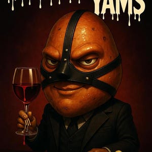Puede incluir: Ilustración digital humorística "Silence of the Yams". Muestra un boniato con máscara de cuero y traje, sosteniendo una copa de vino tinto. El texto dice: "It puts the butter on its skin... or else it gets the marshmallows."