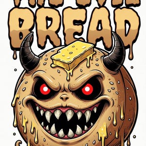 Puede incluir: Ilustración de dibujos animados de una criatura parecida al pan con cuernos, ojos rojos y una sonrisa amenazante. El texto "THE EVIL BREAD" está encima de la criatura, y "Hail to the Loaf, Baby!" debajo. Una porción de mantequilla está encima.