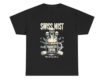 Swiss Mist Hot Chocolate Horror T-Shirt, Spooky Fog Creepy Cocoa Tee, Funny Halloween Horror Shirt, Haunted Cocoa Gift