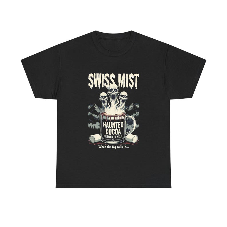 Swiss Mist Hot Chocolate Horror T-Shirt, Spooky Fog Creepy Cocoa Tee, Funny Halloween Horror Shirt, Haunted Cocoa Gift image 1
