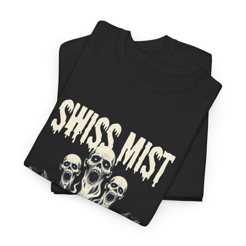Swiss Mist Hot Chocolate Horror T-Shirt, Spooky Fog Creepy Cocoa Tee, Funny Halloween Horror Shirt, Haunted Cocoa Gift image 2