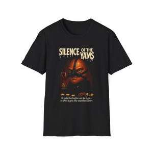 Camiseta de Hannibal Yam - El silencio de los ñames / Parodia de película de terror con máscara de Lecter de batata espeluznante / Camiseta para amantes de la comida con humor negro