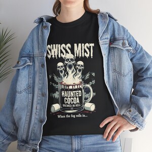 Swiss Mist Hot Chocolate Horror T-Shirt, Spooky Fog Creepy Cocoa Tee, Funny Halloween Horror Shirt, Haunted Cocoa Gift image 6