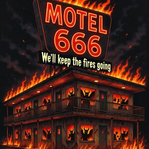 Puede incluir: Ilustración de un motel de dos pisos en llamas. El letrero dice "MOTEL 666" con el lema "We'll keep the fires going". Siluetas demoníacas son visibles en las ventanas, con llamas que envuelven el edificio.
